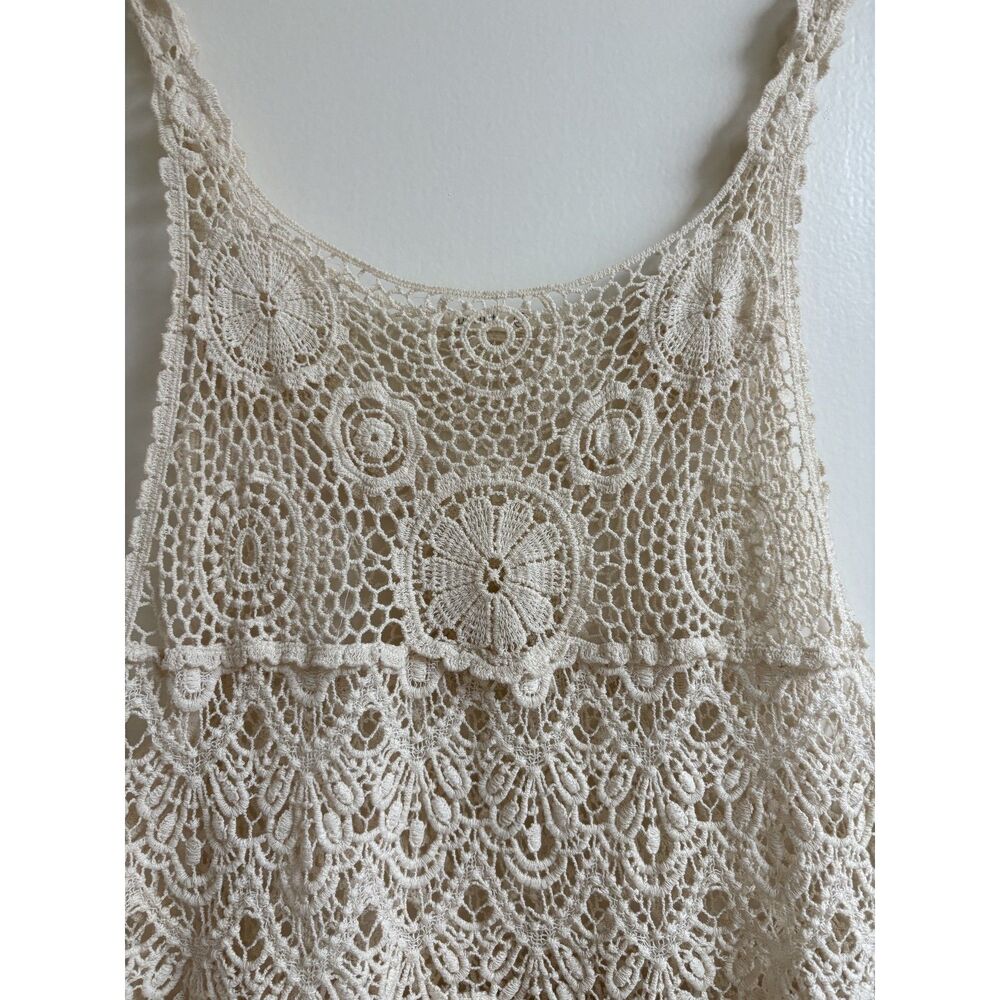 Debut Cream Lace Crochet Tank M L Vtg Floral Overlay Boho Resort Swim Cover Y2K - Picture 3 of 9
